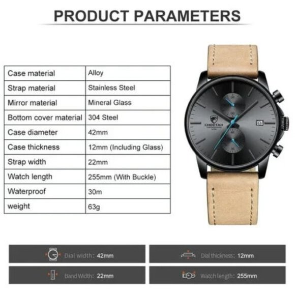 2021 Men's Watch CHEETAH Chronograph Brand Fashion Quartz Waterproof Leather NEW - Picture 6 of 6